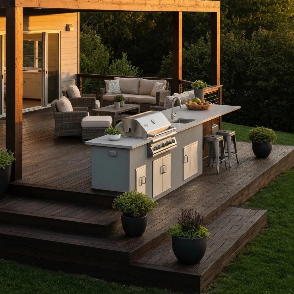 Outdoor kitchen integrated into a custom deck with grill and seating