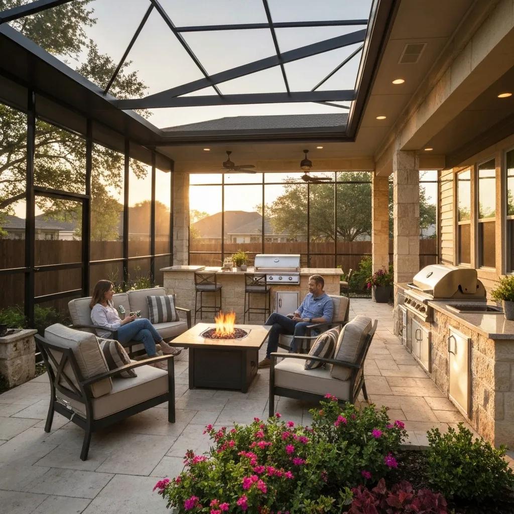 Popular outdoor living features including a stylish outdoor kitchen, a cozy fire pit, and a comfortable screened enclosure in a San Antonio backyard