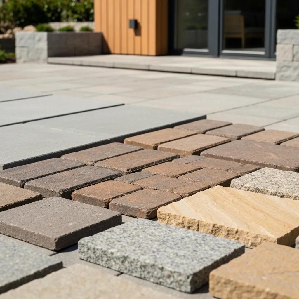 A curated selection of patio materials including concrete, pavers, and natural stone samples, showcasing texture and color options