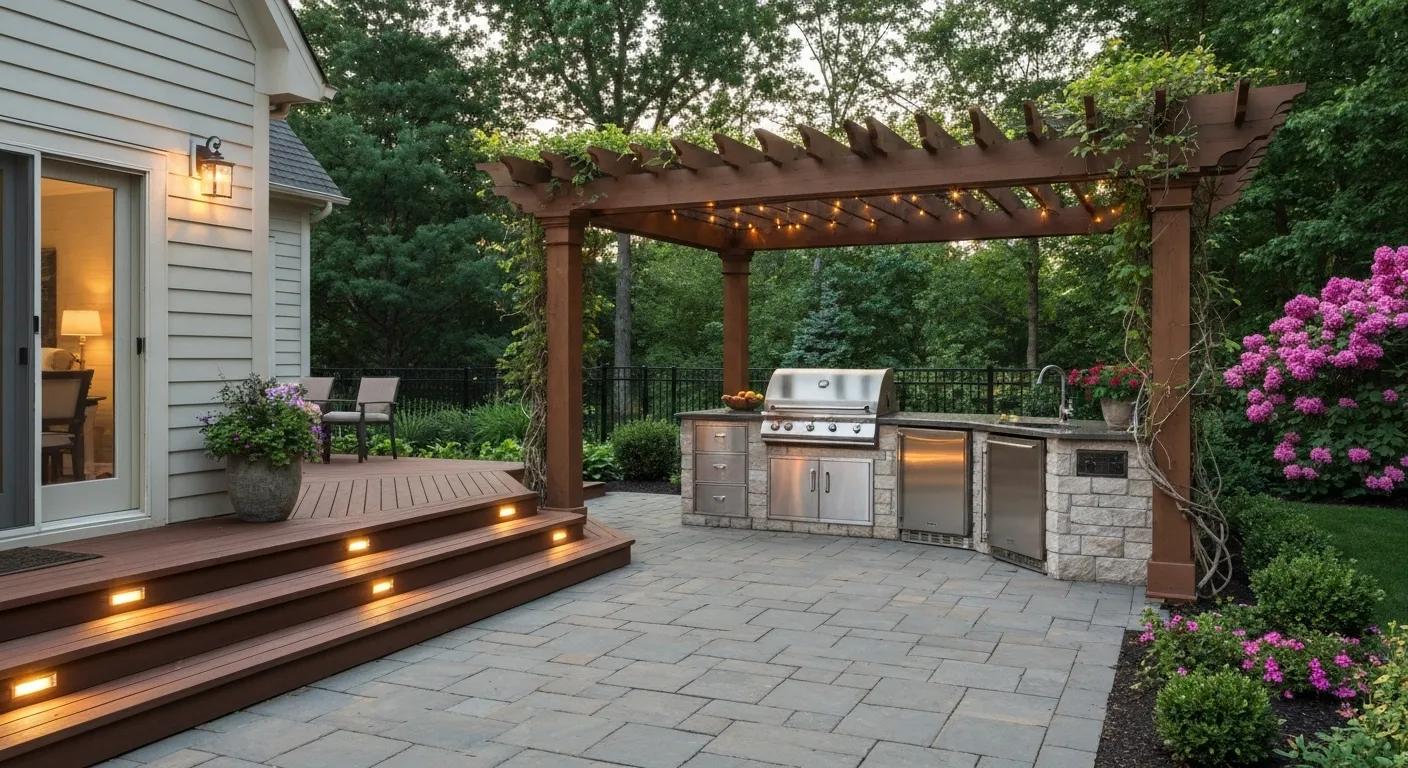 A vibrant outdoor living space featuring a custom deck, patio, pergola, and an outdoor kitchen